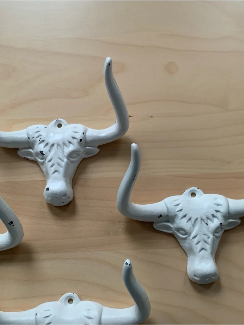Set of 4 Distressed White Longhorn Bull Head Cow Wall Hooks